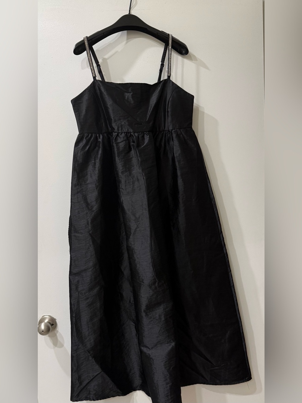 Scoop | Black Midi Dress | Embellished Straps | Empire Waist with Pockets | S